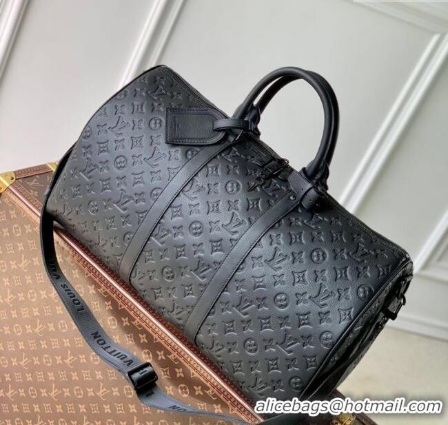 Top Grade Louis Vuitton Keepall Bandouliere 50 Travel Bag in Black Monogram Shadow Leather M44810 2025