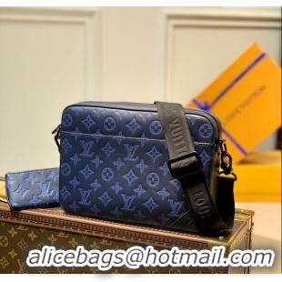 Top Quality Louis Vuitton Mens Duo Messenger Bag in Monogram Shadow Leather M45730 Navy Blue 2025