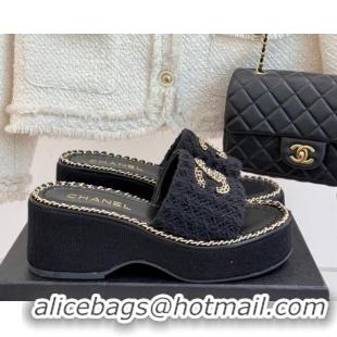 Most Popular Chanel Knit Wedge Slides Sandal with Chain Black 2025 CH061001