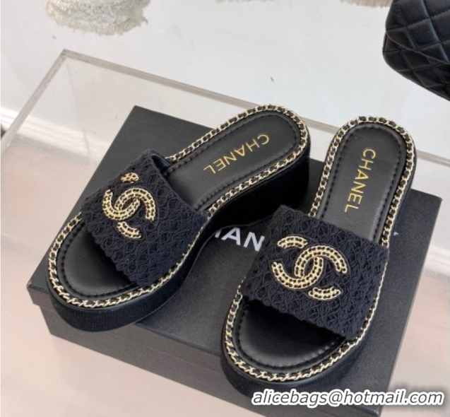 Most Popular Chanel Knit Wedge Slides Sandal with Chain Black 2025 CH061001