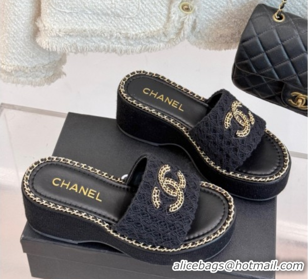 Most Popular Chanel Knit Wedge Slides Sandal with Chain Black 2025 CH061001