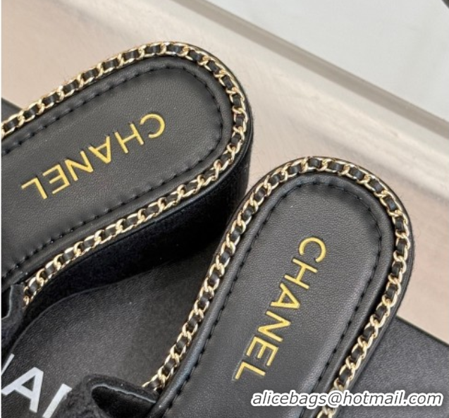 Most Popular Chanel Knit Wedge Slides Sandal with Chain Black 2025 CH061001
