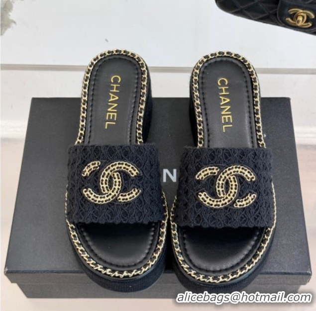 Most Popular Chanel Knit Wedge Slides Sandal with Chain Black 2025 CH061001