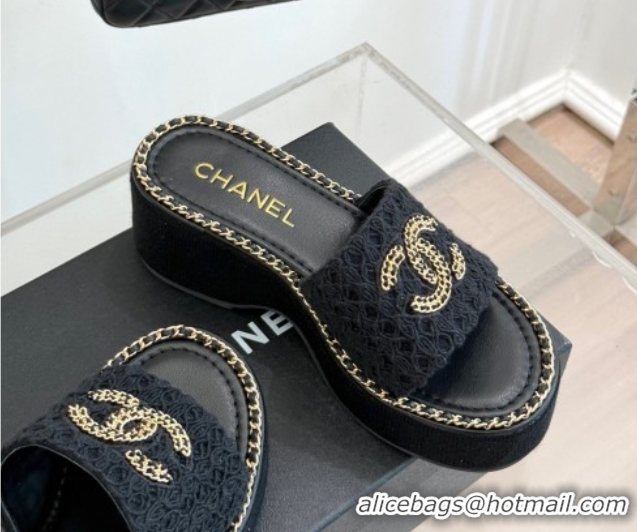 Most Popular Chanel Knit Wedge Slides Sandal with Chain Black 2025 CH061001