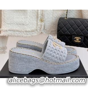 Good Quality Chanel Knit Wedge Slides Sandal with Chain Grey 2025 CH061001