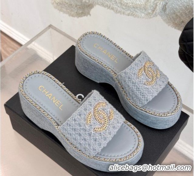 Good Quality Chanel Knit Wedge Slides Sandal with Chain Grey 2025 CH061001