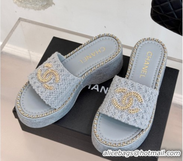 Good Quality Chanel Knit Wedge Slides Sandal with Chain Grey 2025 CH061001