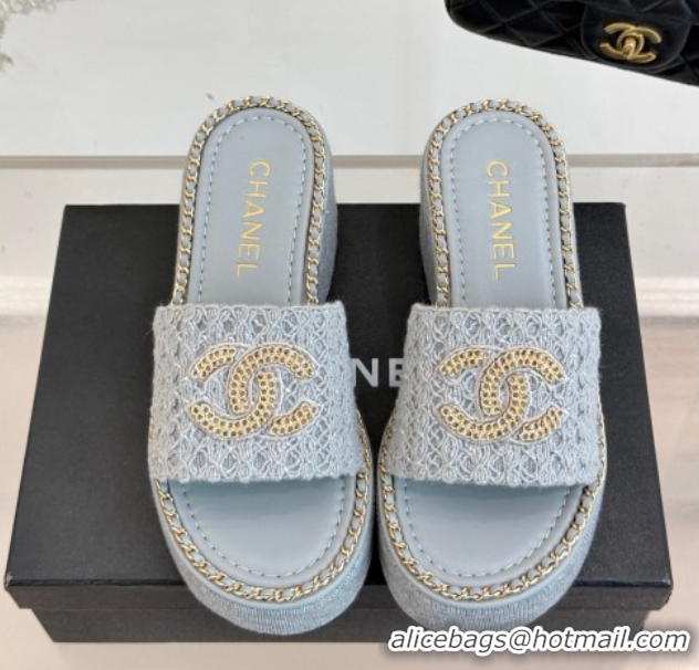 Good Quality Chanel Knit Wedge Slides Sandal with Chain Grey 2025 CH061001