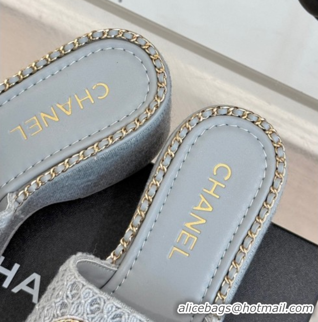 Good Quality Chanel Knit Wedge Slides Sandal with Chain Grey 2025 CH061001
