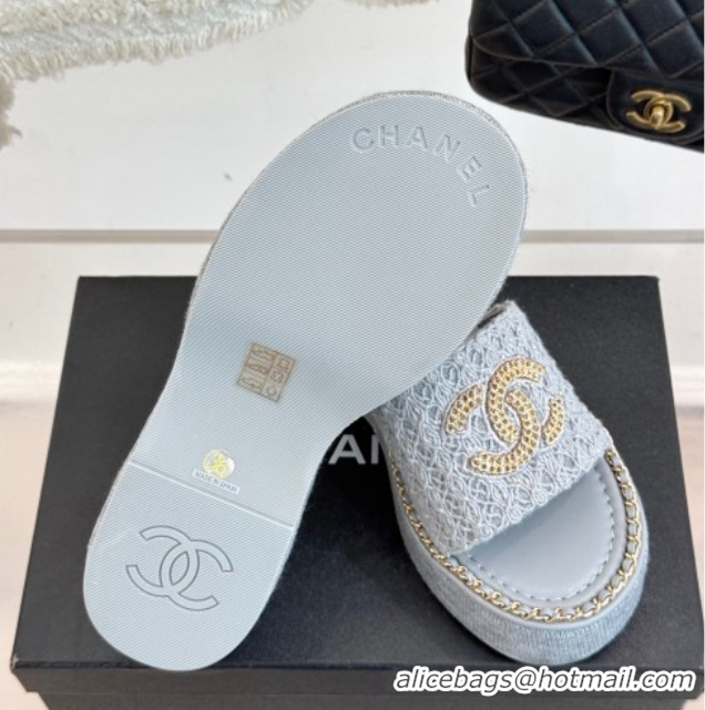 Good Quality Chanel Knit Wedge Slides Sandal with Chain Grey 2025 CH061001