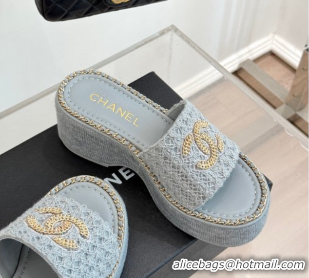 Good Quality Chanel Knit Wedge Slides Sandal with Chain Grey 2025 CH061001