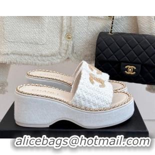 Top Grade Chanel Knit Wedge Slides Sandal with Chain White 2025 CH061001