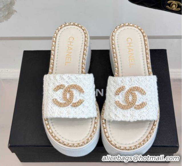 Top Grade Chanel Knit Wedge Slides Sandal with Chain White 2025 CH061001