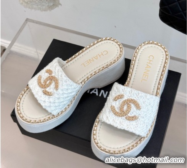 Top Grade Chanel Knit Wedge Slides Sandal with Chain White 2025 CH061001