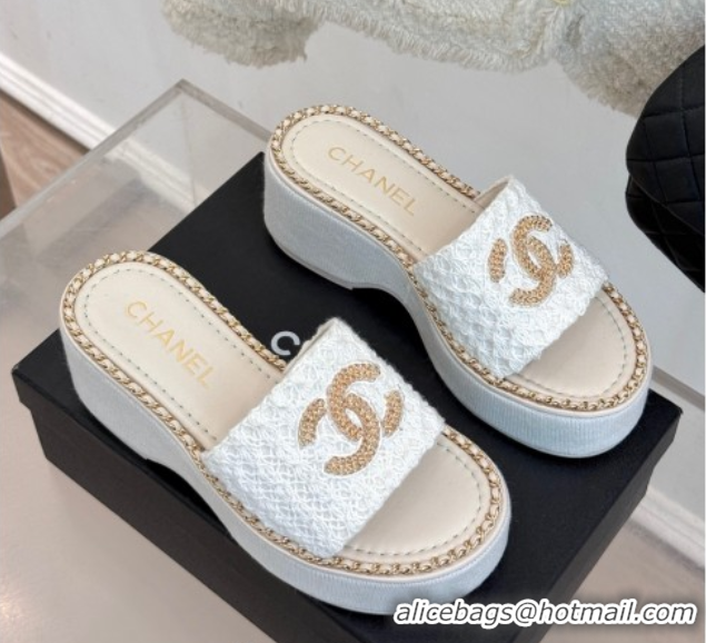 Top Grade Chanel Knit Wedge Slides Sandal with Chain White 2025 CH061001