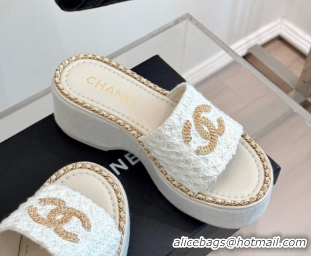 Top Grade Chanel Knit Wedge Slides Sandal with Chain White 2025 CH061001