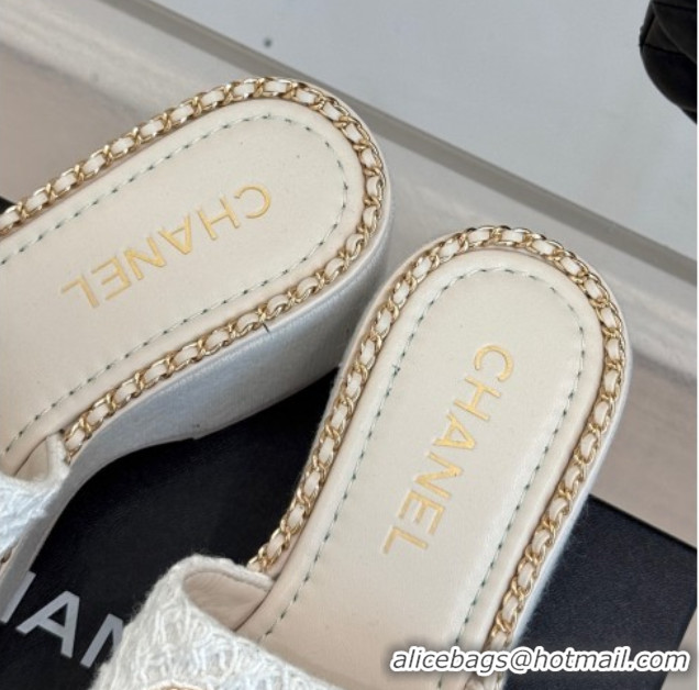 Top Grade Chanel Knit Wedge Slides Sandal with Chain White 2025 CH061001