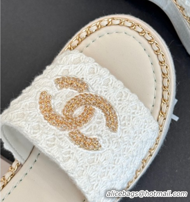 Top Grade Chanel Knit Wedge Slides Sandal with Chain White 2025 CH061001