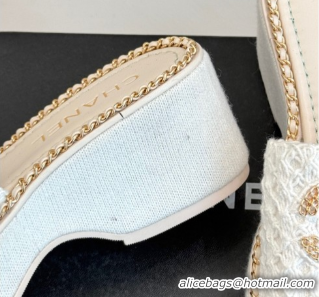 Top Grade Chanel Knit Wedge Slides Sandal with Chain White 2025 CH061001