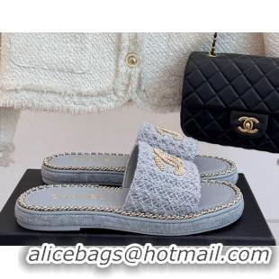 Buy Discount Chanel Knit Flat Slides Sandal with Chain Grey 2025 CH061001
