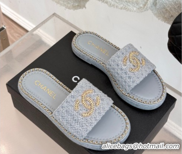 Buy Discount Chanel Knit Flat Slides Sandal with Chain Grey 2025 CH061001