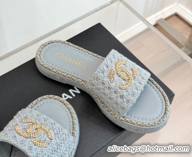 Buy Discount Chanel Knit Flat Slides Sandal with Chain Grey 2025 CH061001