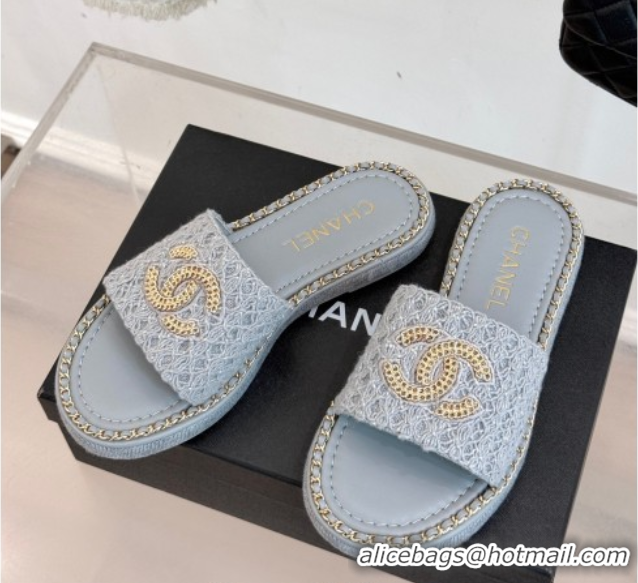 Buy Discount Chanel Knit Flat Slides Sandal with Chain Grey 2025 CH061001