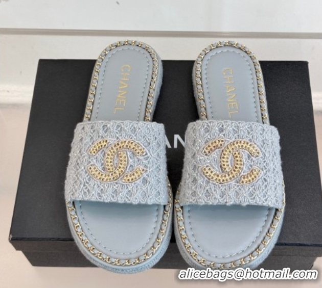 Buy Discount Chanel Knit Flat Slides Sandal with Chain Grey 2025 CH061001