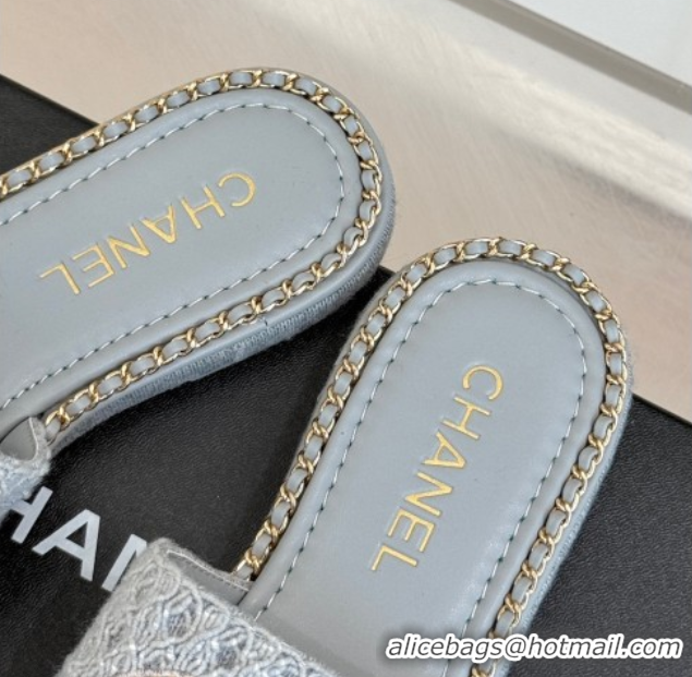 Buy Discount Chanel Knit Flat Slides Sandal with Chain Grey 2025 CH061001