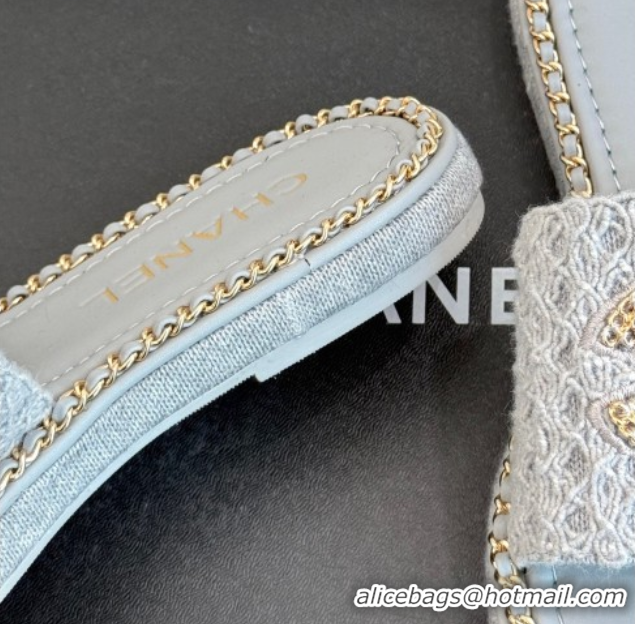 Buy Discount Chanel Knit Flat Slides Sandal with Chain Grey 2025 CH061001