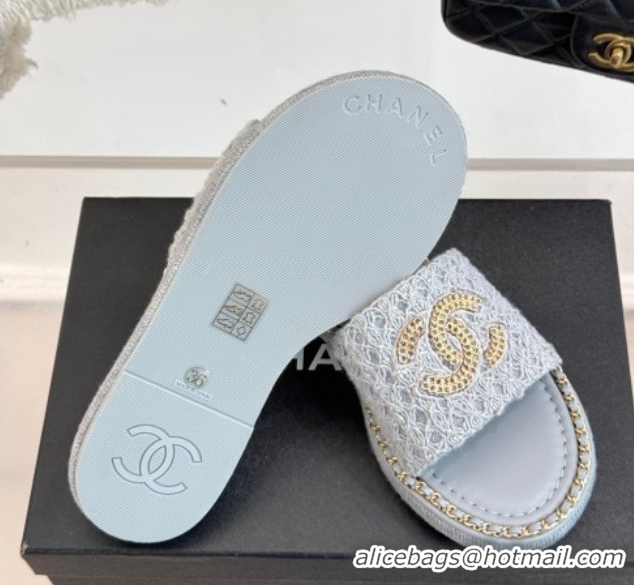 Buy Discount Chanel Knit Flat Slides Sandal with Chain Grey 2025 CH061001