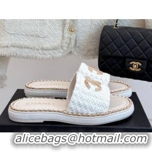 Shop Duplicate Chanel Knit Flat Slides Sandal with Chain White 2025 CH061001
