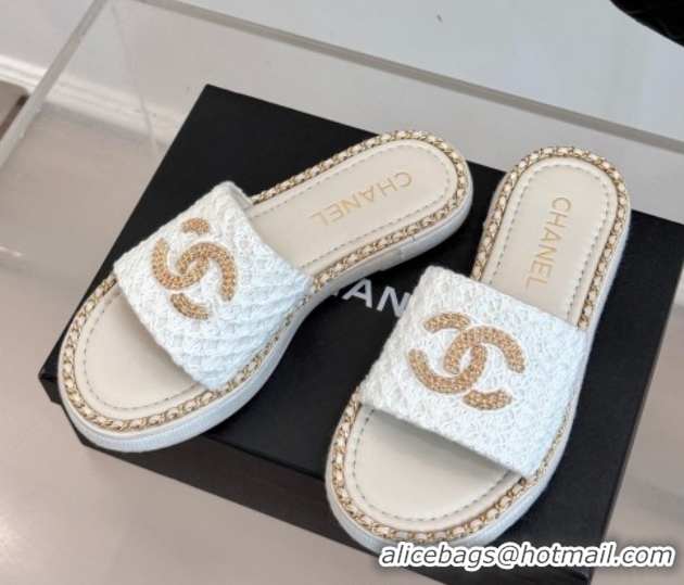 Shop Duplicate Chanel Knit Flat Slides Sandal with Chain White 2025 CH061001