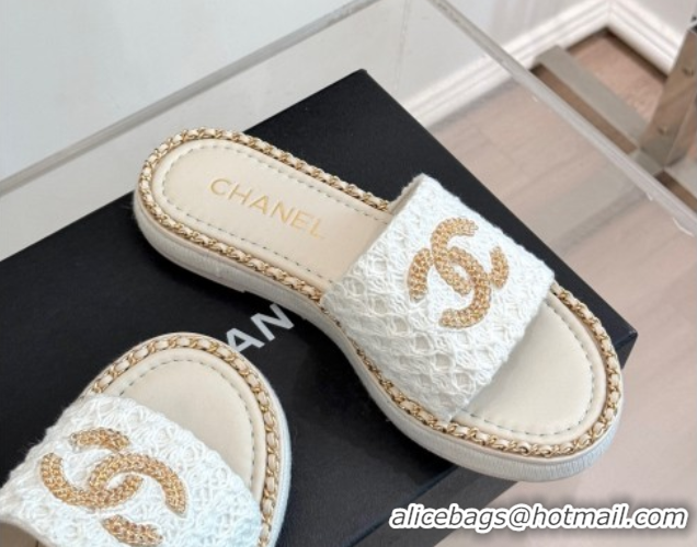 Shop Duplicate Chanel Knit Flat Slides Sandal with Chain White 2025 CH061001