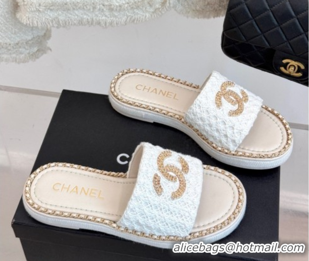Shop Duplicate Chanel Knit Flat Slides Sandal with Chain White 2025 CH061001