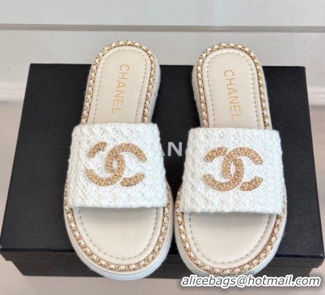 Shop Duplicate Chanel Knit Flat Slides Sandal with Chain White 2025 CH061001