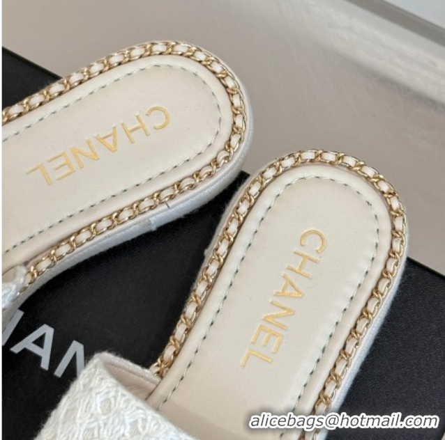 Shop Duplicate Chanel Knit Flat Slides Sandal with Chain White 2025 CH061001