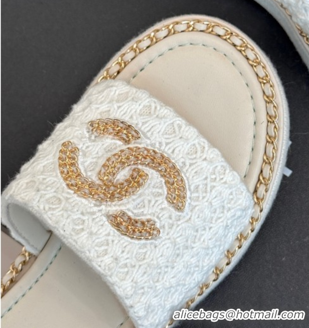 Shop Duplicate Chanel Knit Flat Slides Sandal with Chain White 2025 CH061001