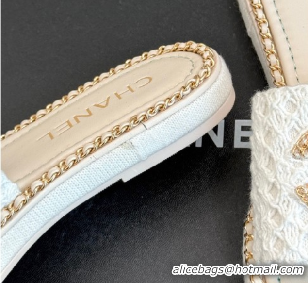 Shop Duplicate Chanel Knit Flat Slides Sandal with Chain White 2025 CH061001