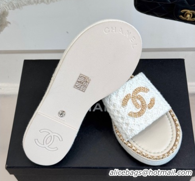 Shop Duplicate Chanel Knit Flat Slides Sandal with Chain White 2025 CH061001