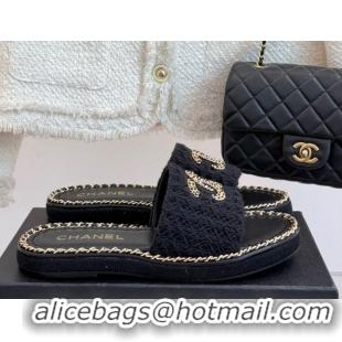 Pretty Style Chanel Knit Flat Slides Sandal with Chain Black 2025 CH061001