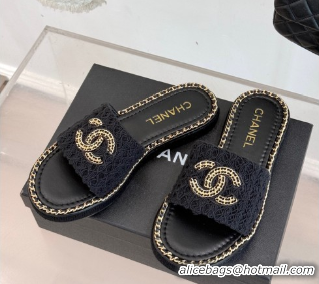 Pretty Style Chanel Knit Flat Slides Sandal with Chain Black 2025 CH061001