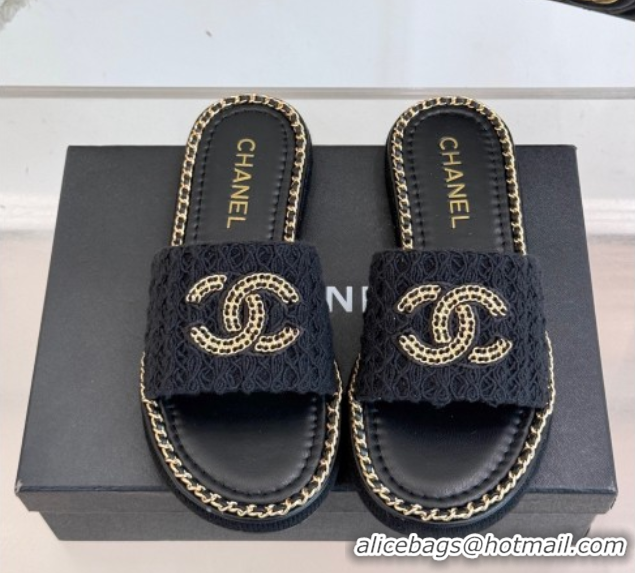 Pretty Style Chanel Knit Flat Slides Sandal with Chain Black 2025 CH061001