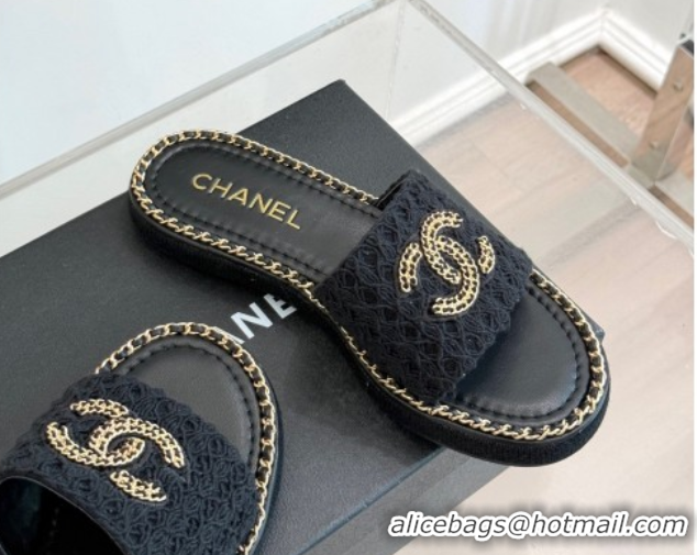 Pretty Style Chanel Knit Flat Slides Sandal with Chain Black 2025 CH061001