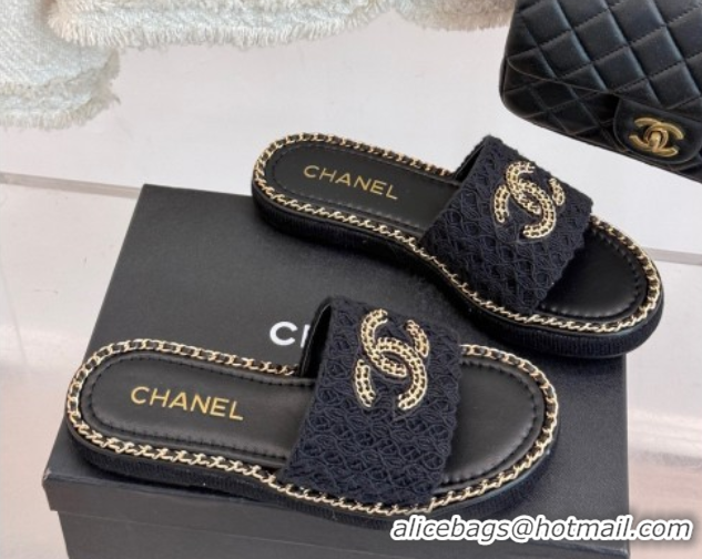 Pretty Style Chanel Knit Flat Slides Sandal with Chain Black 2025 CH061001