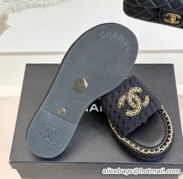 Pretty Style Chanel Knit Flat Slides Sandal with Chain Black 2025 CH061001