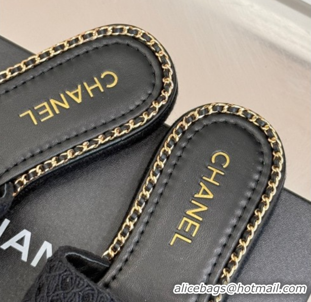 Pretty Style Chanel Knit Flat Slides Sandal with Chain Black 2025 CH061001