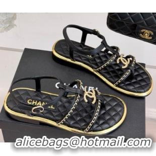 Unique Style Chanel Calfskin Flat Sandals with Chain Black 2025 CH061002