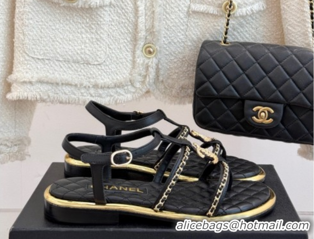 Unique Style Chanel Calfskin Flat Sandals with Chain Black 2025 CH061002