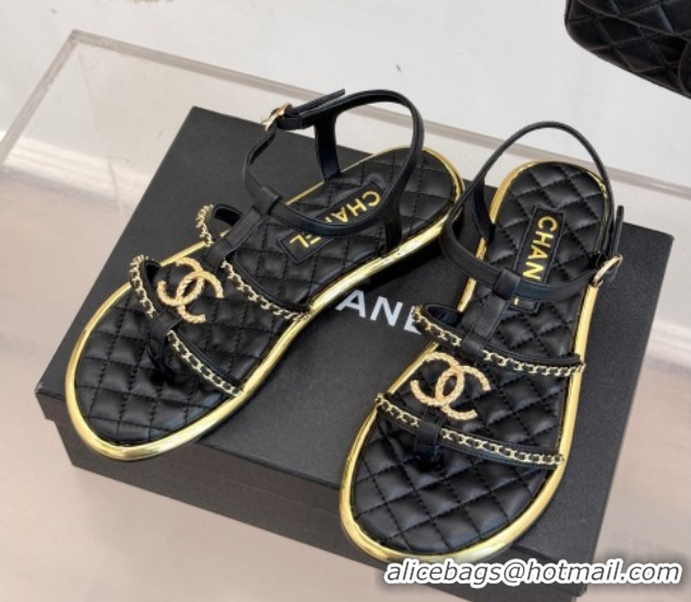 Unique Style Chanel Calfskin Flat Sandals with Chain Black 2025 CH061002